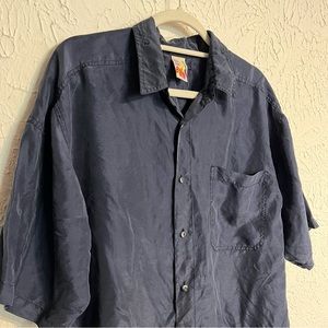 Vintage 80’s On The Brink 100% Silk Short Sleeve Button Down Sz Lg Navy Blue